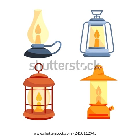 lantern Camp lamp set. Fuel Lanterns Traditional Illumination Device. Various handle gas lamps