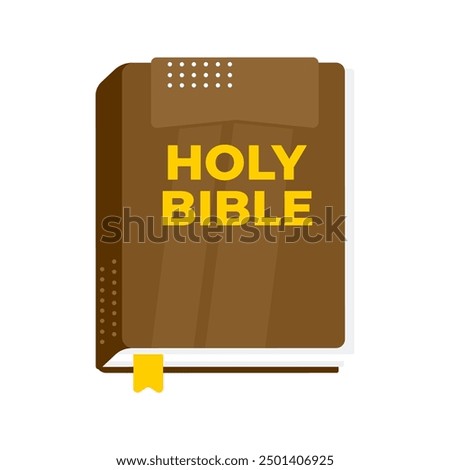 Brown holy bible book cover with a yellow bookmark is shown, representing faith and religion