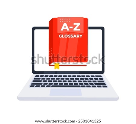 A z glossary book coming out of a laptop screen, providing definition and explanation service through internet