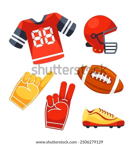 American football fan gear set with a helmet, jersey, foam fingers, and cleats, perfect for representing the sport and showing team spirit