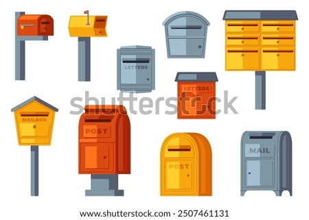 Collection of various mailboxes and postboxes, showcasing different designs and colors for receiving mail and correspondence