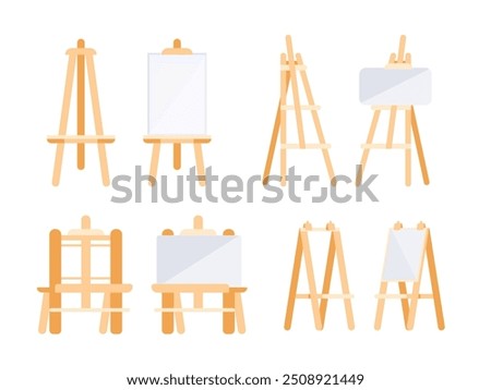 Different wooden easels, some holding blank canvases, perfect for art studios and aspiring artists