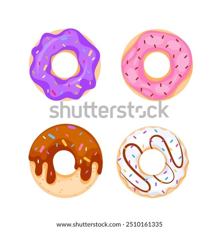 Cartoon donuts with different toppings. Donut cake set. Delicious sweet desserts.