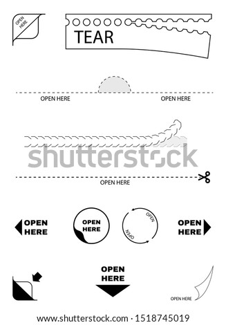 Open here package icons. Paper box tear, cut. open here sign. Sticker symbol. Scissors line. Vector