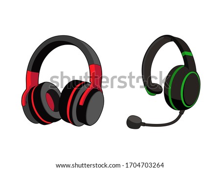 Headphones stereo. Customer service or gamer headset. Headphone with microphone. Vector graphic illustration. Isolated white background