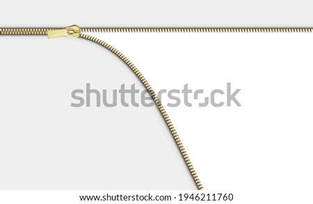 Open close zip. Realistic zipper fastener reveal vector. Metallic gold tailor zip locker with runner horizantal white background. Graphic illustration Сток-фото © 