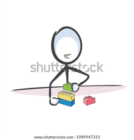 Making toy bricks pyramid. Play matching pieces. Vector simple. Stickman no face clipart cartoon. Hand drawn. Doodle sketch, graphic illustration