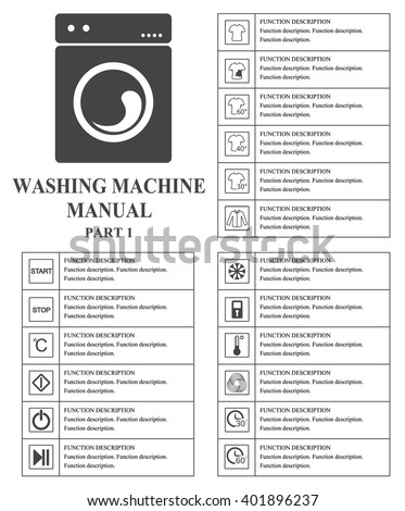 Oven manual symbols. Part 1 Instructions. Signs and symbols for washing machine exploitation manual. Instructions and function description. Vector isolated illustration.