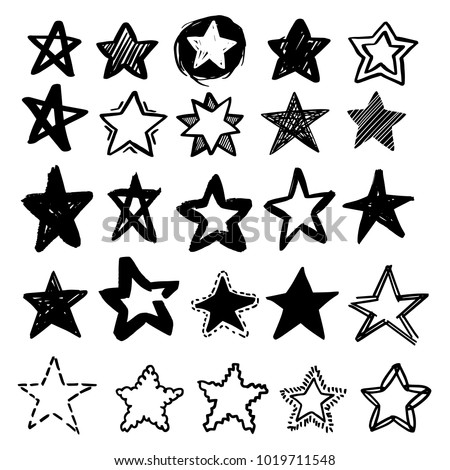Set of black hand drawn vector stars in doodle style on white background. Could be used as pattern or standalone element. Brush marker sketchy