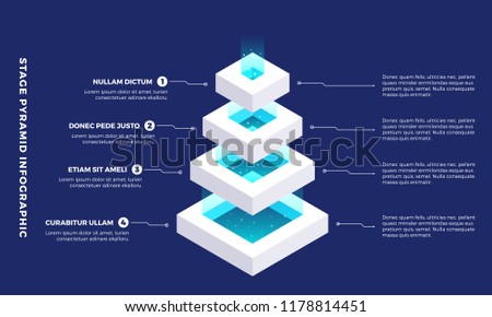 Stacked pyramid level with light coming out of top. Stages steps  colorful business infographic that can be used in presentations