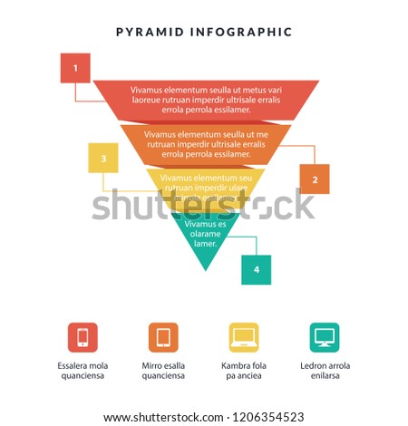 Business Infographic colorful pyramid inverted with 4 floors and icons with description and information.