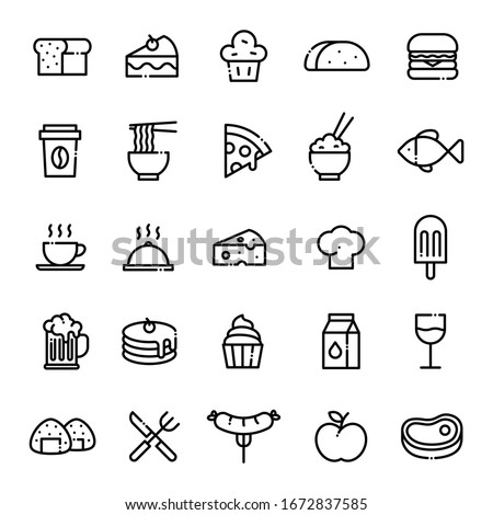 Food Icons Set With Editable Stroke. Vector line icons. Containing icons as bread, cake, muffin, taco, hamburger, coffee, noodles, pizza, rice, fish, cheese, cook hat, ice cream, beer, milk, sausage.