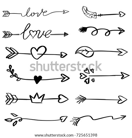 Handdrawn arrows, borders set with hearts, love. Vector icon

