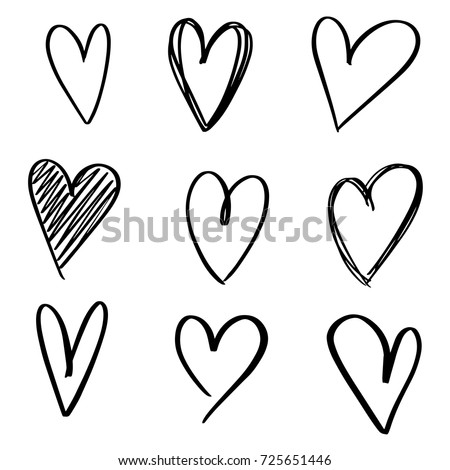 Set of nine hand drawn heart. Handdrawn rough marker hearts isolated on white background. Vector illustration for your graphic design
