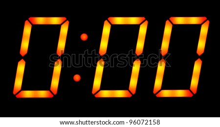 Digital clock show zero hours zero minutes. Isolated on the black background