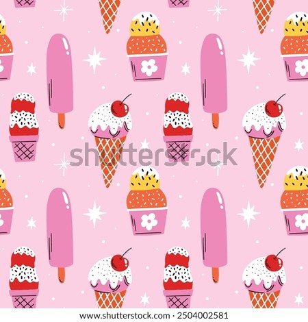 Various types of yummy ice cream cone waffles, frozen delicious desserts, tasty sweet summer snacks, street food vector seamless pattern illustration set in cartoon retro, groovy, funky style