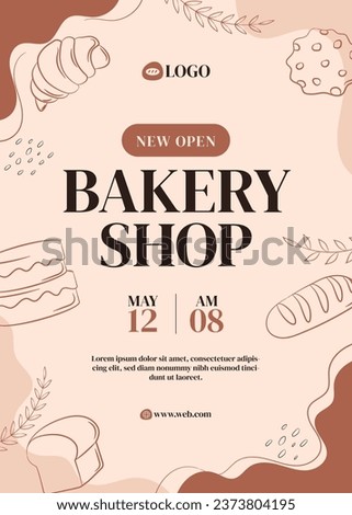Bakery background with bakery products. Bakery shop template. Bread and pastry shop. Bread house. Bake House. Cartoon Vector illustration for Poster, Banner, Flyer, Card, Cover, menu, advertising.