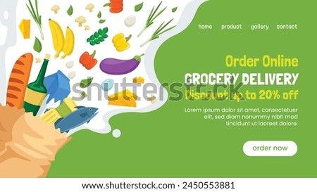 Grocery store. Supermarket template. Groceries, Shopping, Supermarket, Fresh food, delivery, Ordering, Sale. vector illustration for poster, banner, flyer, advertising, promo, commercial, promotion.