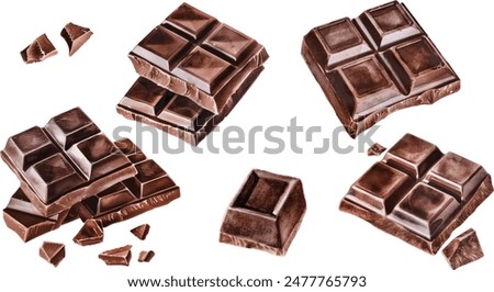 Pieces of dark chocolate bar watercolor vector illustration isolated on white background