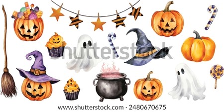 watercolor halloween set of isolated hats, bats and pumpkins on the white background