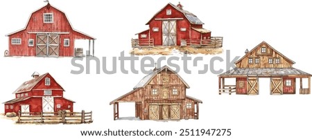 Watercolor Barns Clipart. Farm Style. Red Barn House, Horse, Wood Gate Illustrations. Wedding Invitation DIY.