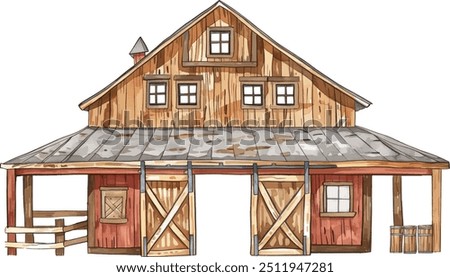 Watercolor Barns Clipart. Farm Style. Red Barn House, Horse, Wood Gate Illustrations. Wedding Invitation DIY.