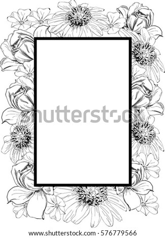 Black and White Floral Full Vector Border surrounding white square with thick black border in the center