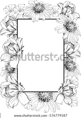 Black and White Floral Bottom Half Vector Border surrounding white with medium thickness black line square in the center, flowers overlap the border