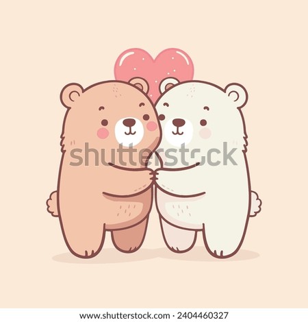 cute adorable cartoon flat vector style animal character baby teddy bear doll couple hugging red heart shape in middle, happy valentine day illustration friendship greeting card holidays birthday wish