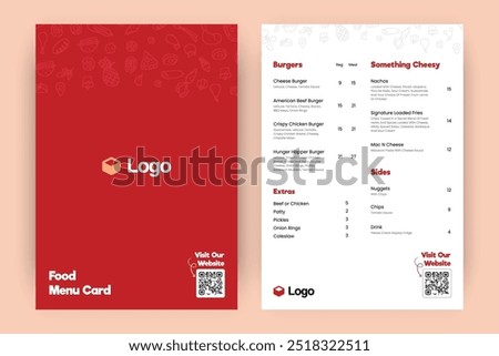 Restaurant fast food menu card table business template layout design two side bifold red color theme modern healthy flyer cover brochure vector cafe paper. minimal modern truck van concept flat