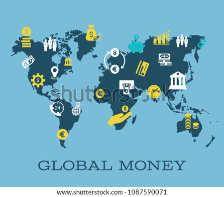 World map with business icons. Worldwide business, web and network icons. Illustration template for web design, annual reports, infographics, business presentations, printed material.