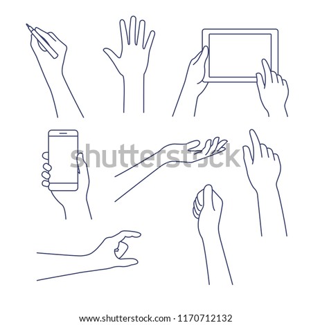 Business concept of hand in many characters, presenting, showing, using tablet and smart phone, writing. Hand line vector design set. Editable stroke.