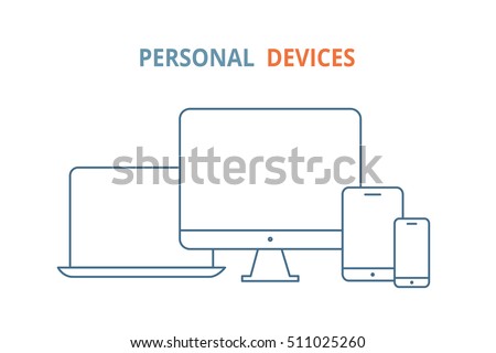 Modern electronic devices. Line style illustration of  laptop, pc, tablet and phone. Line vector icon for websites and mobile minimalistic flat design. Popular devices.