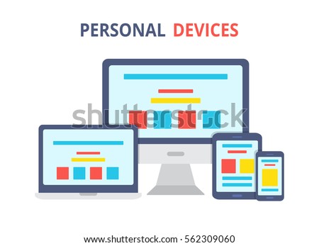 Modern electronic devices.Flat style illustration of laptop, pc, tablet and phone. Vector icon for websites and mobile minimalistic design. Popular gadgets.