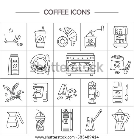 Outline web icon set . Elements - mocha pot, coffee mill, latte, vending, plant, cup, cezve, coffe machine.  Vector of coffee making equipment.