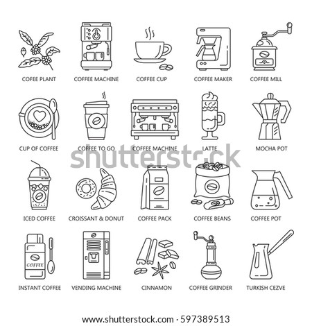 Outline web icon set . Elements - mocha pot, coffee mill, latte, vending, plant, iced coffe, cup, cezve, coffe machine Vector line icons of coffeemaking equipment