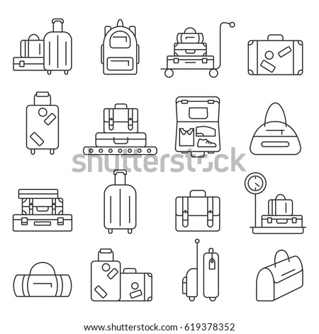 Luggage icon set.  Backpack, handbag, suitcase, briefcase, messenger bag, trolley, travel bag. Vector illustration of thin line icons for travel. Abstract isolated illustration.