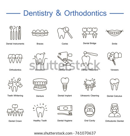 Dentistry, orthodontics outline icons. Thin line vector icons of dental clinic services, stomatology, dentistry, orthodontics, oral health care and hygiene, dental instruments. Editable stroke.