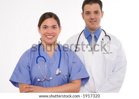 Both doctor and nurse with serious facial expression.