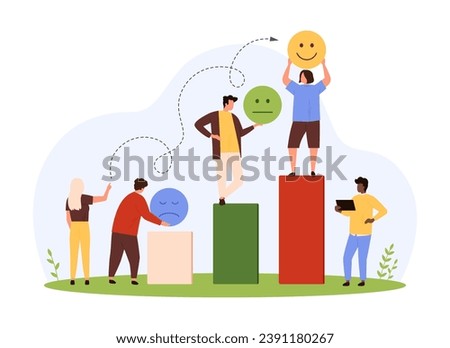 Positive marketing strategy, improvement results vector illustration. Cartoon tiny people improve mood and customer satisfaction with product, team climbing stairs with unhappy and happy emoji