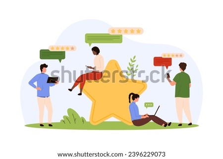 Customer feedback, testimony and evaluation of experience vector illustration. Cartoon tiny people with phone, laptop and tablet comment on product or service in text messages inside speech bubbles