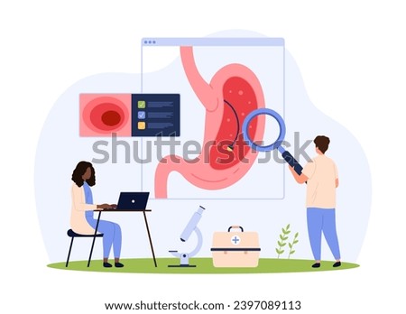 Diagnostics of stomach disease, endoscopy procedure in gastroenterology vector illustration. Cartoon tiny people check human digestive system with camera on endoscope for gastritis diagnosis