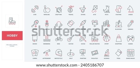 Hobby, sport and fun leisure line icons set. Symbols of weekend activity and lifestyle, music and yoga, entertainment and travel, painting and writing thin black and red outline vector illustration