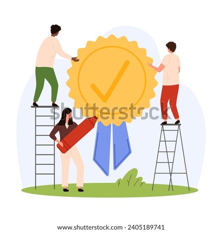 Gold wax seal for good quality, accredited document or certificate. Tiny people mark tick of solved problem, done job and guarantee on round award stamp with ribbon cartoon vector illustration
