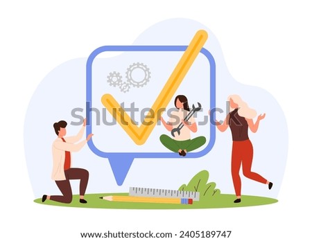 SMS notification, confirmation in popup messages. Tiny people holding speech bubble with check mark, tick symbol of chat message seen, read or confirmed, done task cartoon vector illustration