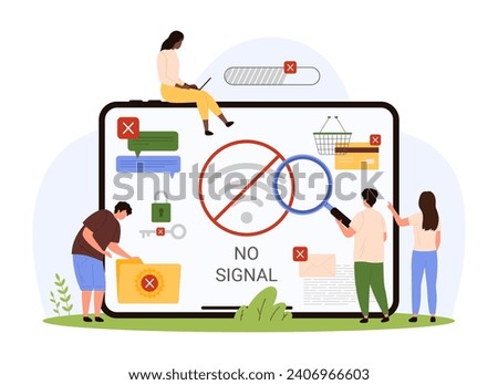 No Internet. Tiny people looking through magnifying glass at crossed out Wi Fi icon on laptop screen, offline loading error, no access to email, chat and online documents cartoon vector illustration