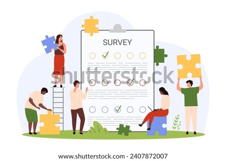 Survey, questionnaire service. Tiny team of people holding puzzle pieces, characters building teamwork to complete report form, check test list and document on clipboard cartoon vector illustration