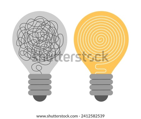 Light bulb bright versus broken. Dark electric lamp with disorganized messy wire as bad or no idea symbol vs yellow bulb with electricity and organized neat thread cartoon vector illustration