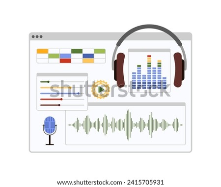 Audio editing and mixing software. Window interface with headphones and microphone, graphic equalizer and timeline, settings sliders to edit sound of music or voice cartoon vector illustration