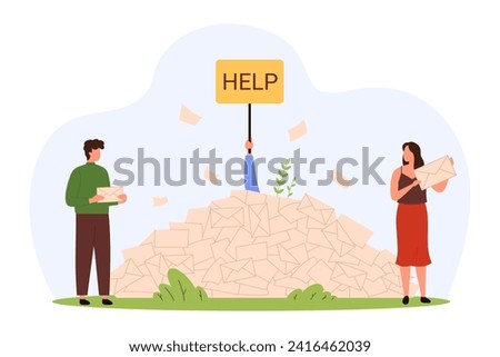 Inbox overload with spam information, newsletters and emails. Tiny people holding envelope, overwhelmed man with Help sign drowning in messy marketing letters pile cartoon vector illustration